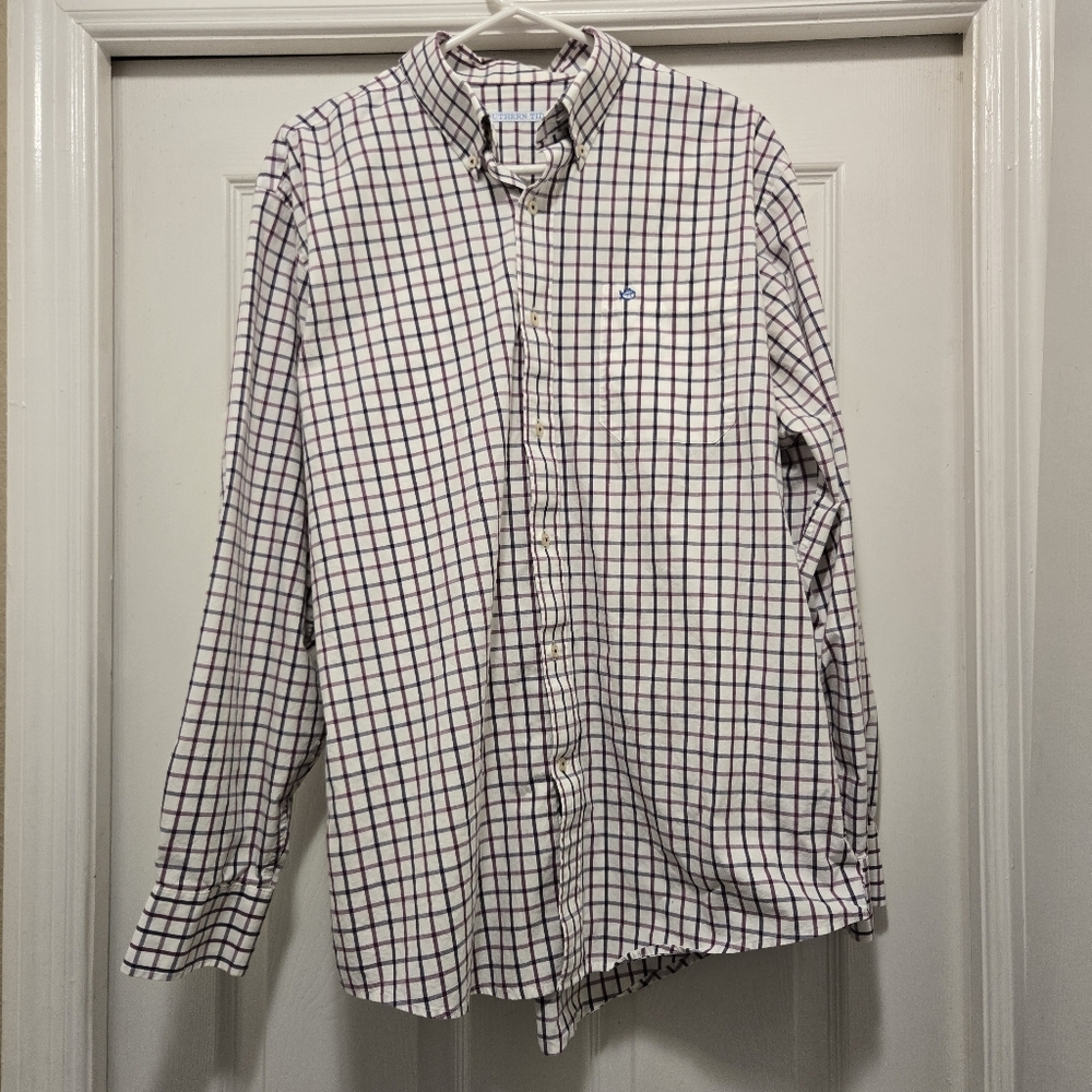 Men’s Southern Tide White Purple check Collared Shirt sz L